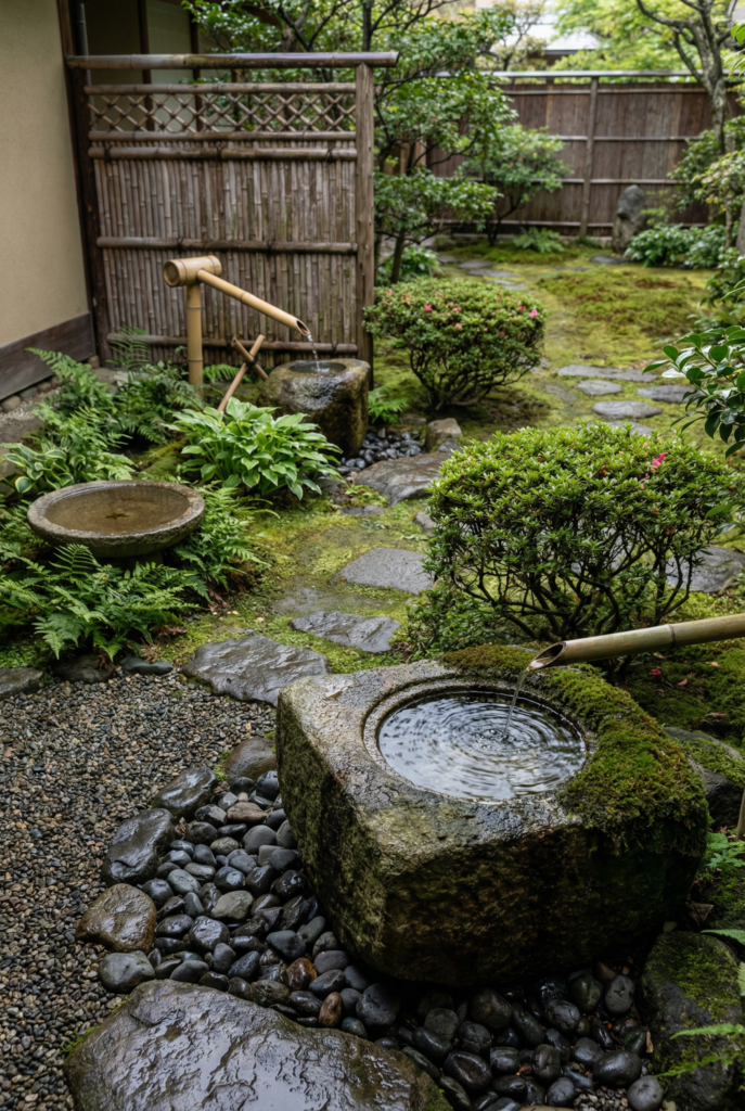 Japanese garden decor with stone water basin and bamboo spout creating a soothing water feature for gardens.