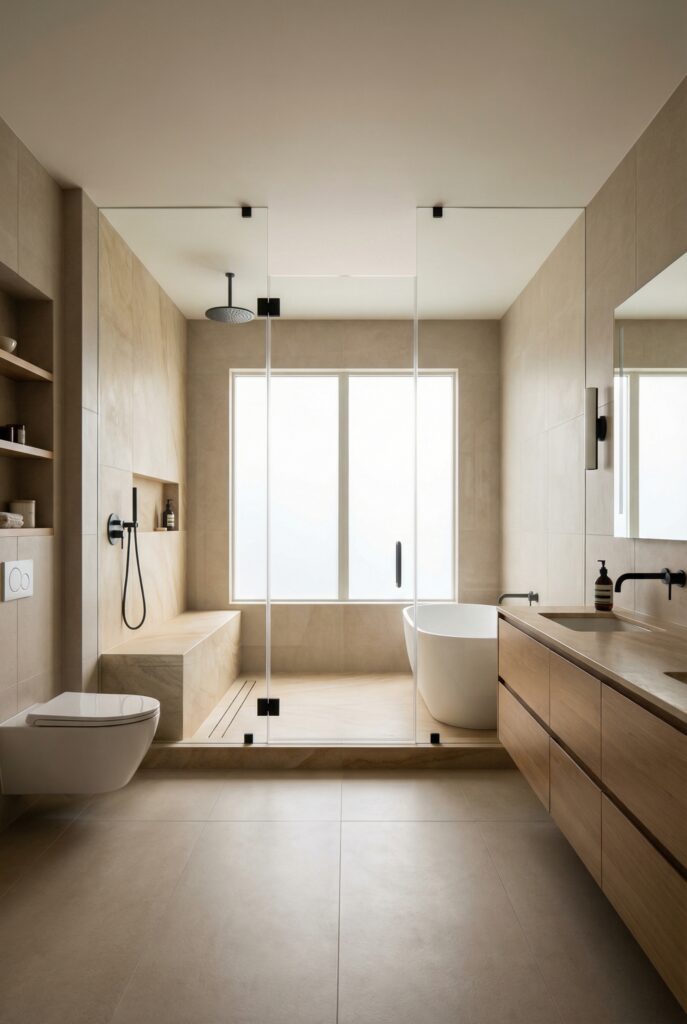 Wet room spa layout featuring a combined shower and tub zone, large-format tile, and minimalist luxury master bath styling.