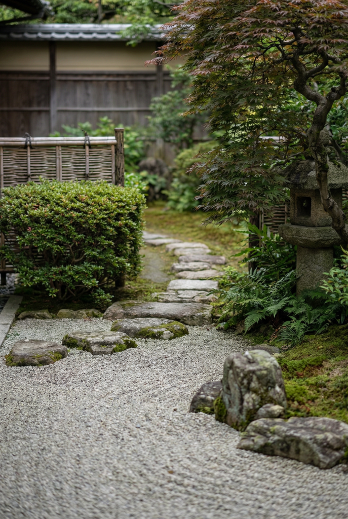 Japanese garden decor with stone stepping path set in raked gravel, moss-covered rocks, a traditional stone lantern, and layered greenery creating a calm, Zen-style garden walkway.