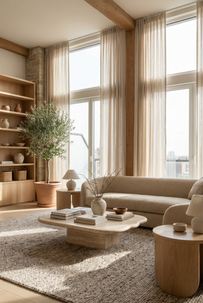 Organic modern decor living room with natural materials, warm wood furniture, stone coffee table, neutral tones, and soft layered textures.