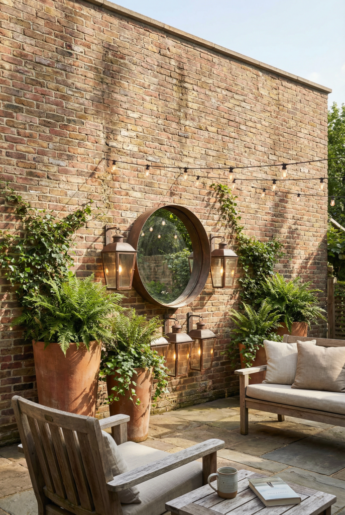 Garden brick wall styled with bold outdoor artwork panels and planting beds to break up a long, harsh stretch