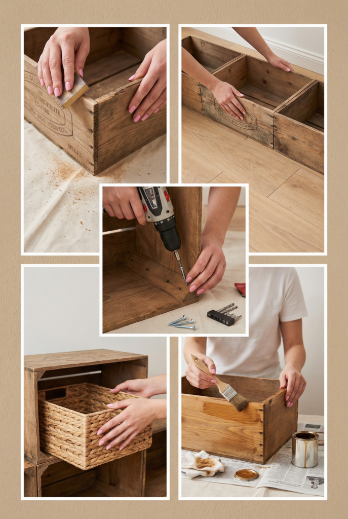 Upcycled wine crate bookcase providing open farmhouse organization and storage with baskets and books in a cozy living room.