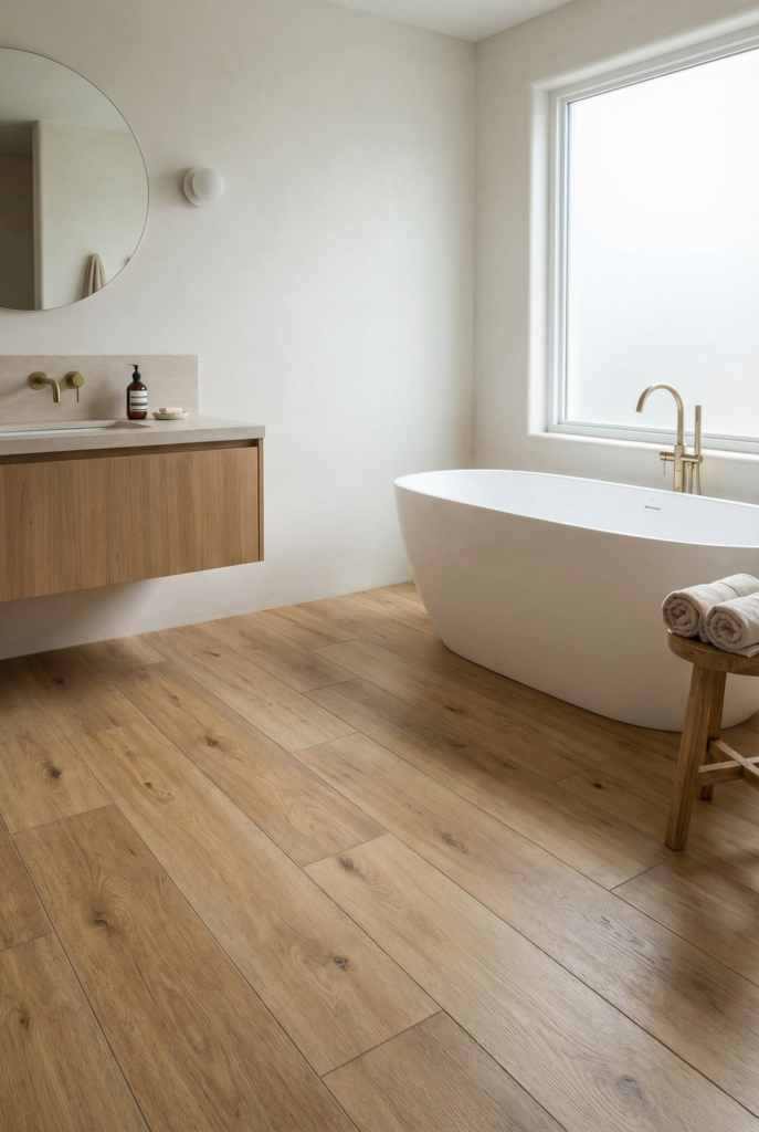 Close-up of durable wood look porcelain tiles used as bathroom flooring for warmth with water resistance.