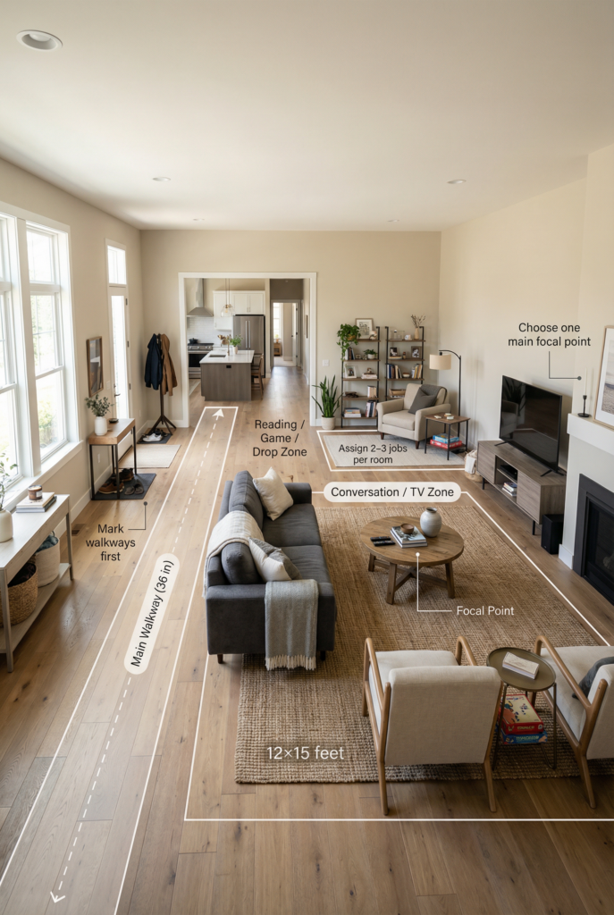 Large living room decorating ideas showing how to zone an open-concept living space with a marked main walkway, conversation/TV zone, and reading corner