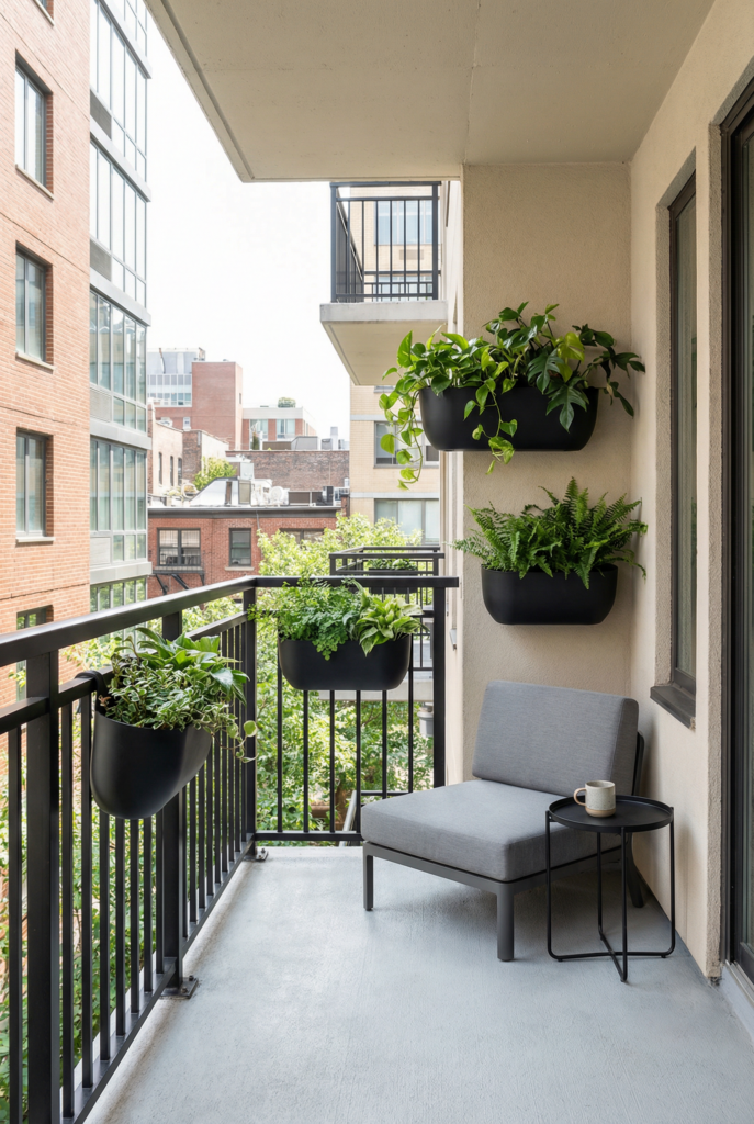 Balcony hanging decor with wall-mounted and railing planters creating a cozy balcony garden