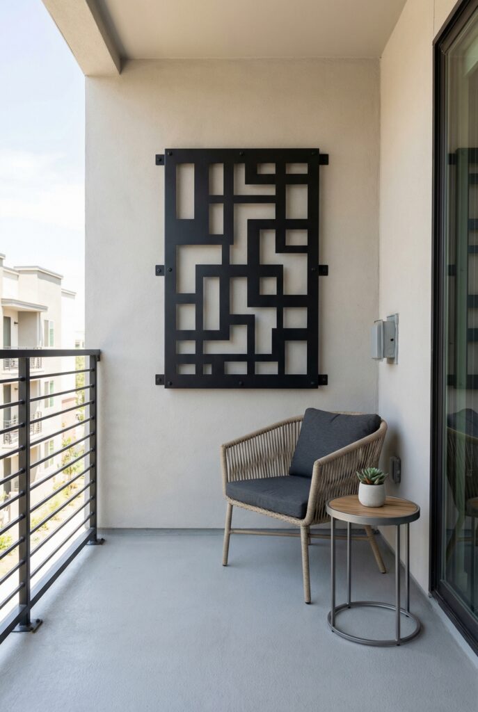 Balcony wall art in a weather-resistant metal design adding style to a small apartment balcony