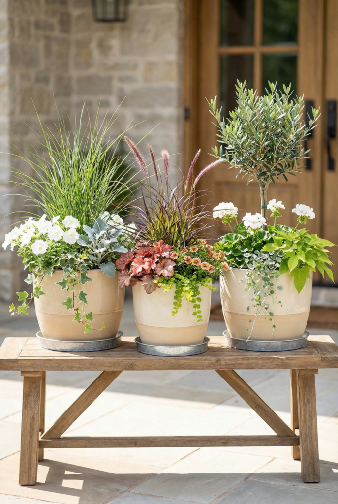 Designer-looking balcony container planting recipes using the thriller-filler-spiller method for a styled mini garden in a small space.