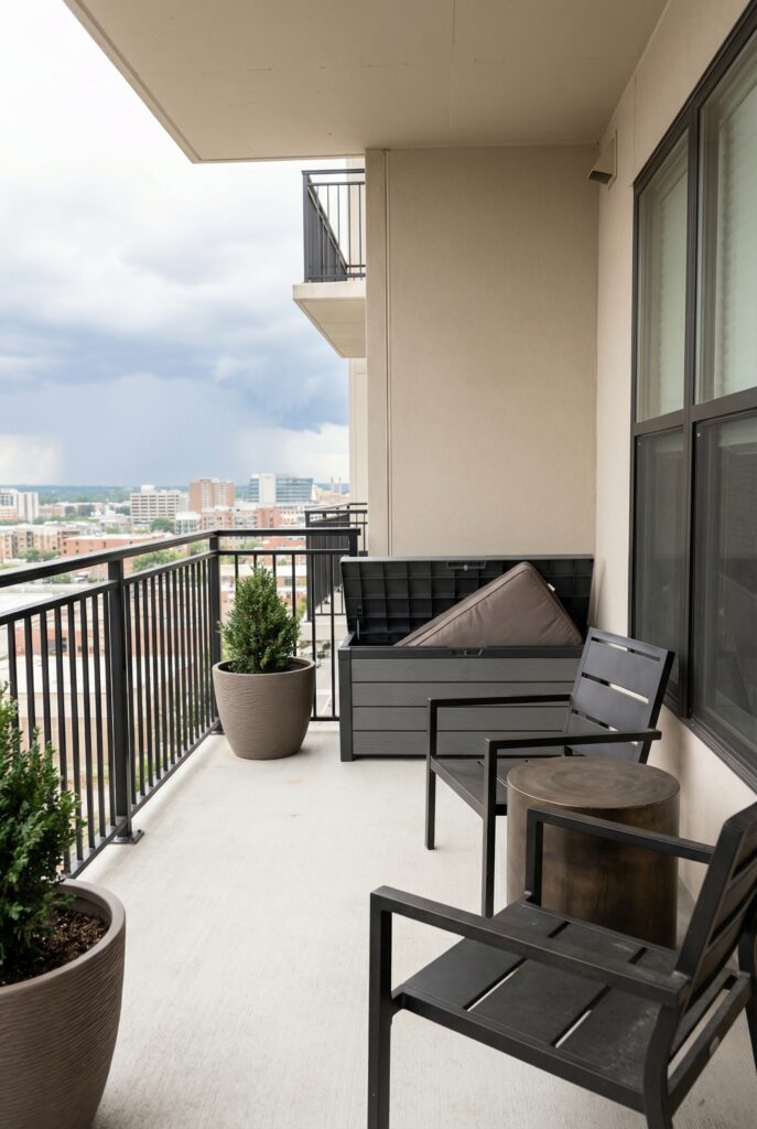 Balcony wall ideas paired with outdoor storage solutions and compact patio furniture for a functional outdoor space
