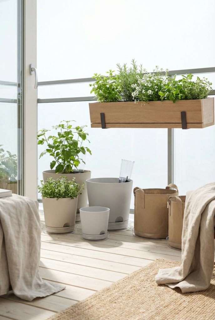Balcony-friendly containers with drip trays—lightweight pots, fabric grow bags, supported window boxes, and self-watering inserts for small spaces.