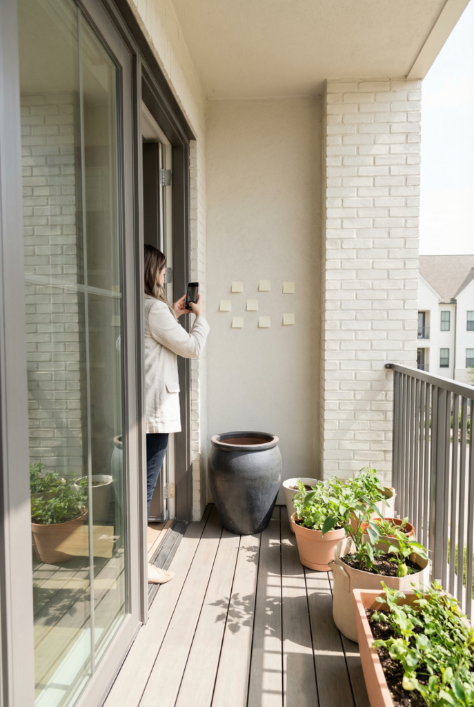Mapping a balcony microclimate by checking sunlight, wind, and heat reflection before choosing plants for a small-space mini garden.
