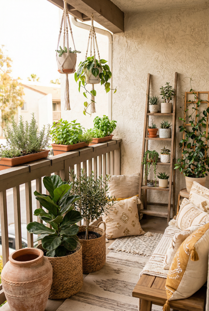 Balcony mini garden blueprint with a clear walkway, vertical planters, one anchor pot, and layered height for a styled small-space garden.