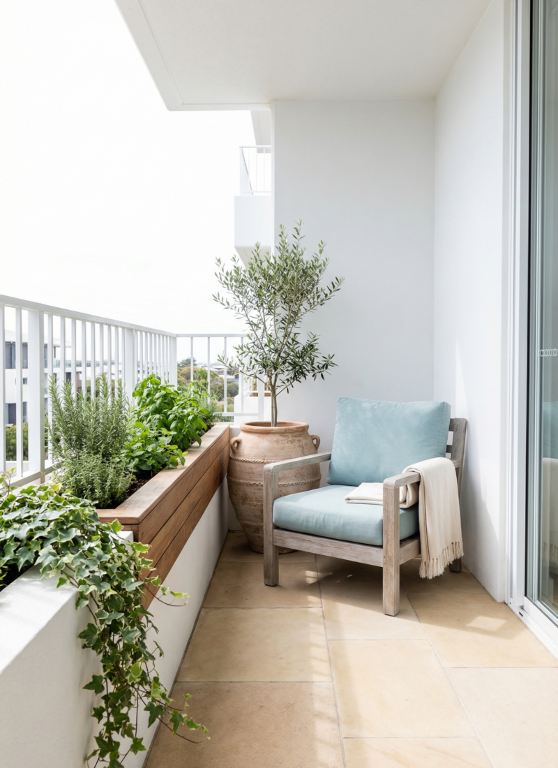 Hhow to decorate a balcony with plants - Balcony mini garden with herbs on rail planters, an anchor pot on the floor, and trailing greenery for a styled small-space setup.