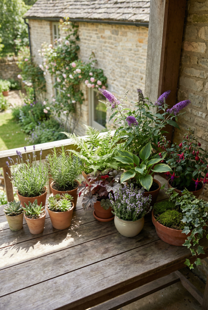 Balcony plants by light—sun-loving herbs and flowers, part-shade mixes, and shade-tolerant foliage for a beginner-friendly mini garden.