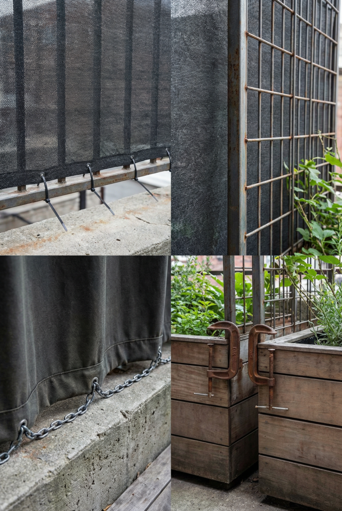 Balcony privacy screen secured with zip ties and weighted curtains—renter-friendly options that stay put on windy days.