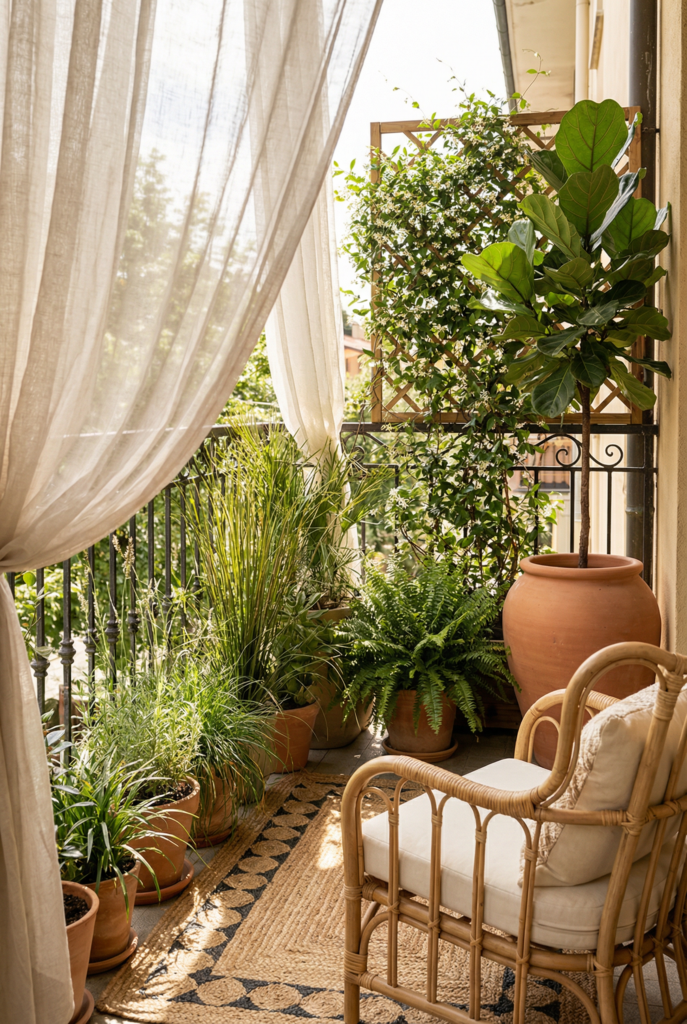 Balcony privacy with plants—layered planters and a tall anchor pot create a soft screen that feels cozy without blocking airflow.