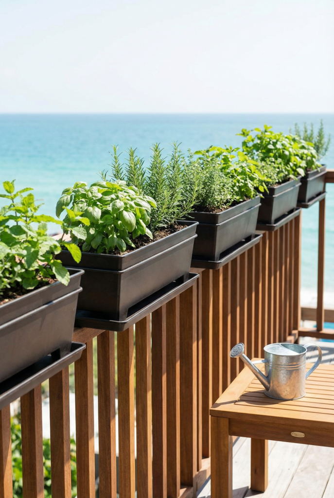 Balcony rail planters herb bar with repeating planter boxes and drip trays for a small-space mini garden without using floor space.