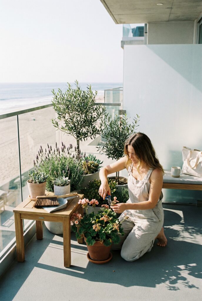 5-minute weekly balcony garden reset—deadheading blooms, sweeping soil, and tidying pots to keep a mini garden photo-ready in a small space.