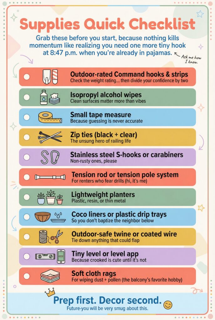 Balcony wall decor supplies checklist with outdoor Command hooks, zip ties, tension rods, lightweight planters, and renter-friendly tools