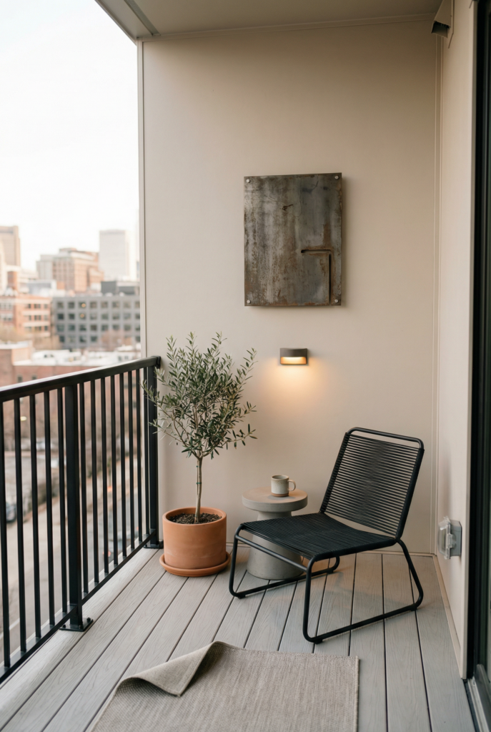 Modern balcony wall decor with outdoor wall art, a lounge chair, and a potted olive tree on a small apartment balcony