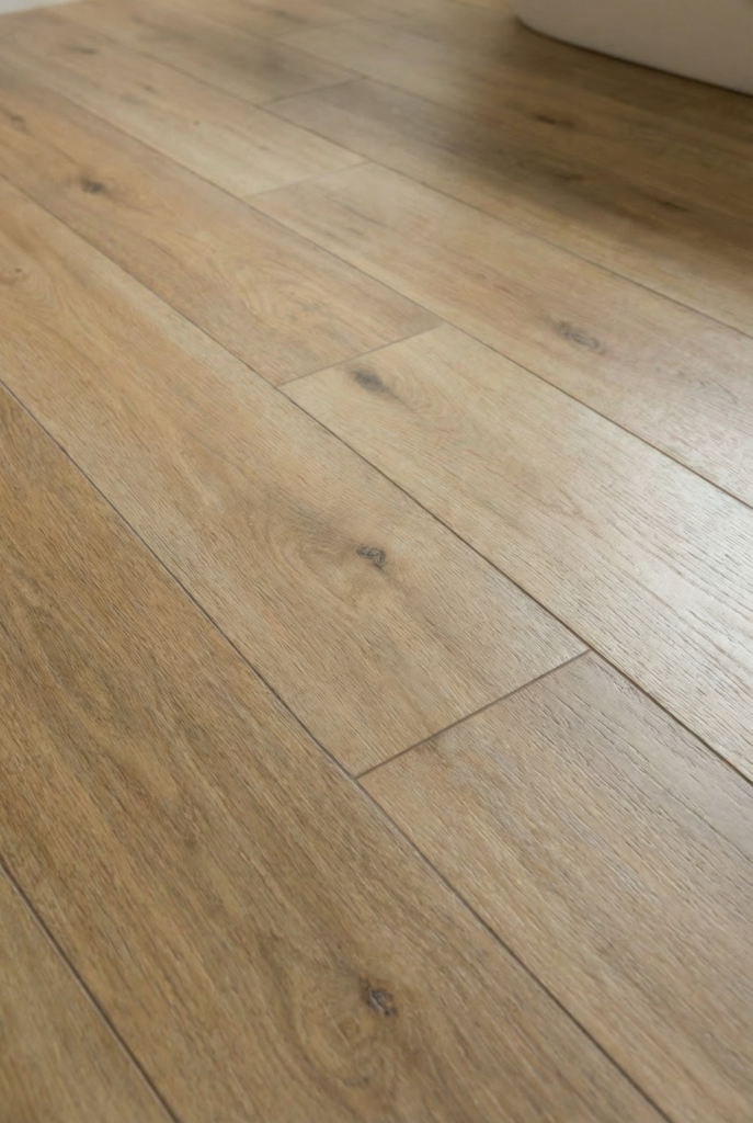 Wood look porcelain tiles used as durable bathroom flooring with warm natural style