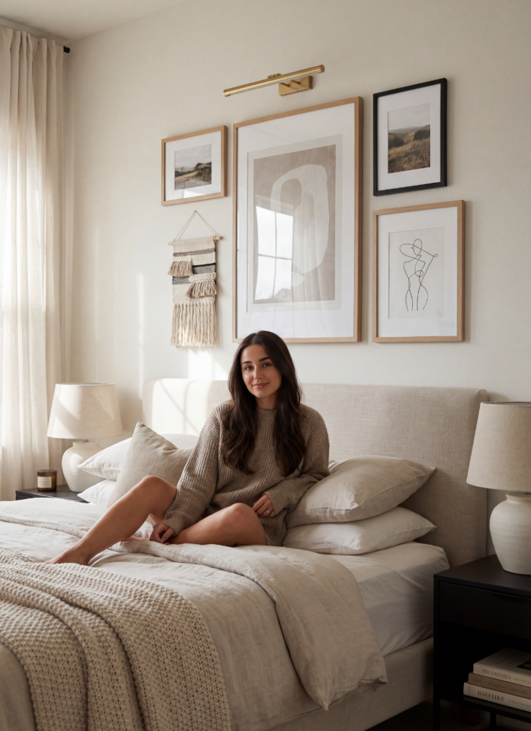 Woman on bed beneath brass picture light, bedroom wall decor above bed with neutral framed prints and a woven hanging.