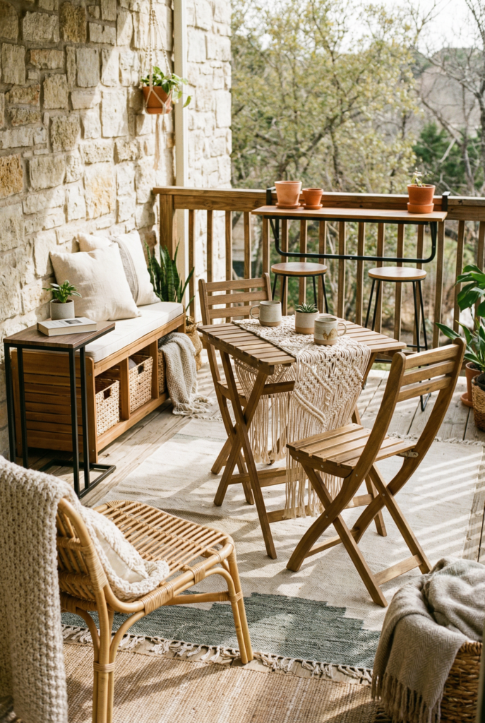 Best renter-friendly small balcony furniture—folding bistro set, stackable chairs, slim bench with storage, C-table, and rail bar table.