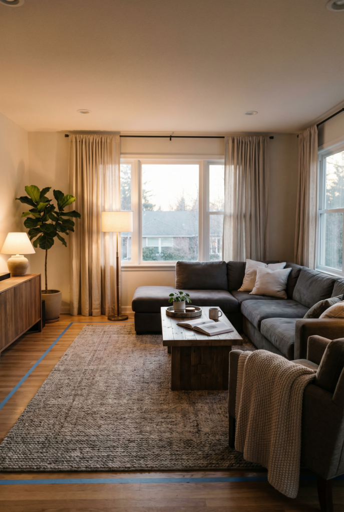 Cozy large living room layout ideas showing furniture arrangement, big area rug placement, layered lighting, and comfortable seating for a multifunctional living space.