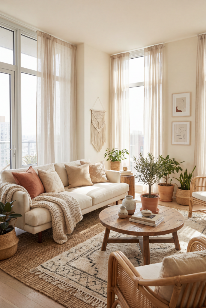 Boho living room decor theme with warm neutral tones, layered rugs, indoor plants, and natural wood furniture.