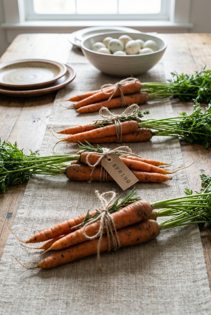 Bundles of carrots tied with twine on a linen runner, rustic easter table decor with a natural spring touch