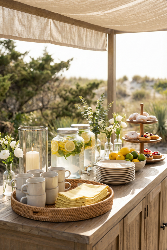 Coastal garden party drink station with lemon-mint dispensers, yellow napkins, candles, stacked plates, and desserts on a wooden buffet table.