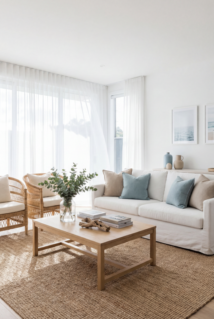 Coastal living room decor theme with a light neutral sofa, woven rug, airy curtains, and soft blue accent pillows.