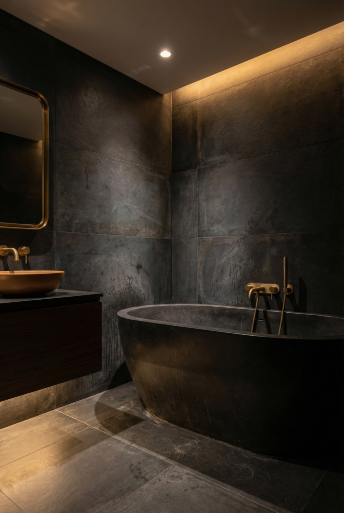 Dark bathroom tiles design with large format tiles for a dramatic modern look