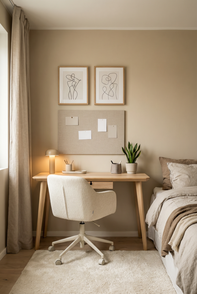 How to decorate home office - Bedroom wall home office setup with a slim desk, neutral chair, and minimal decor that blends into the room.