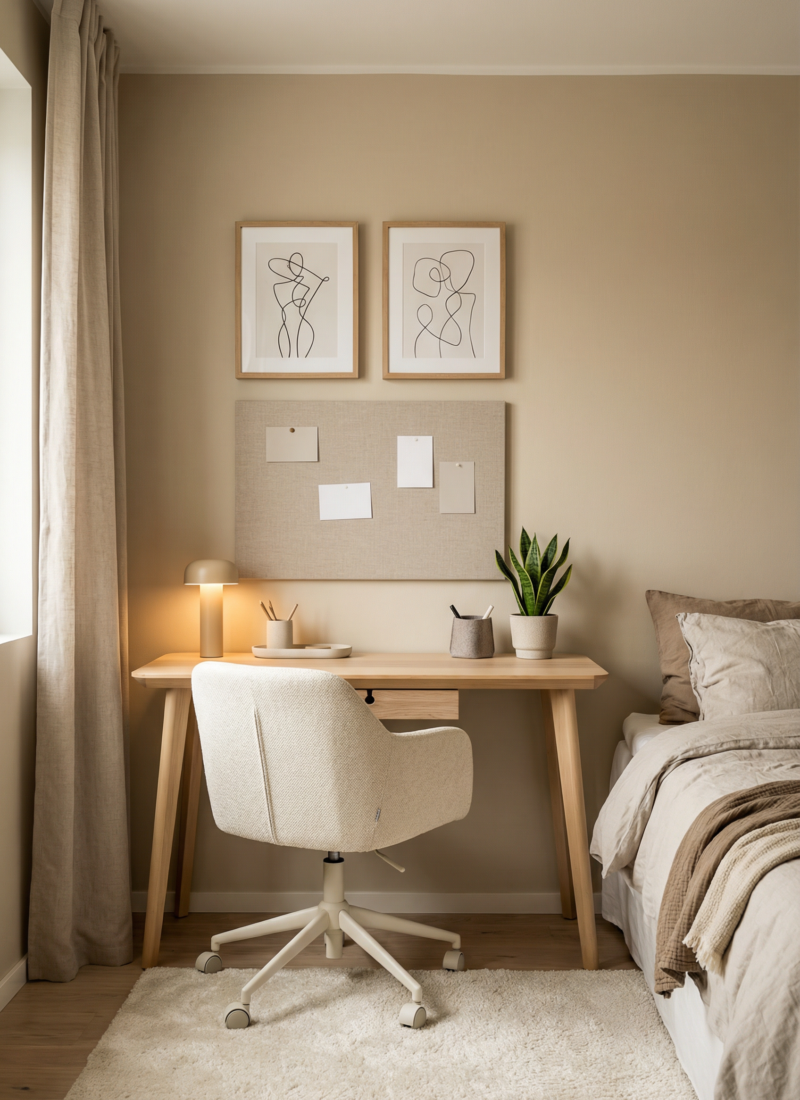 How to decorate home office - Bedroom wall home office setup with a slim desk, neutral chair, and minimal decor that blends into the room.