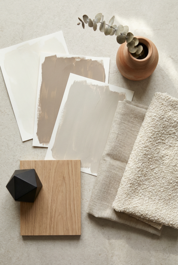 Flat-lay mood board with neutral paint swatches, fabric samples, and wood tones for home office color schemes.