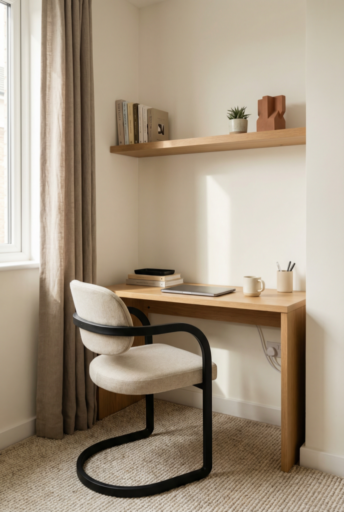 Small corner nook home office with a compact desk, ergonomic chair, and floating shelf in a bright neutral space.