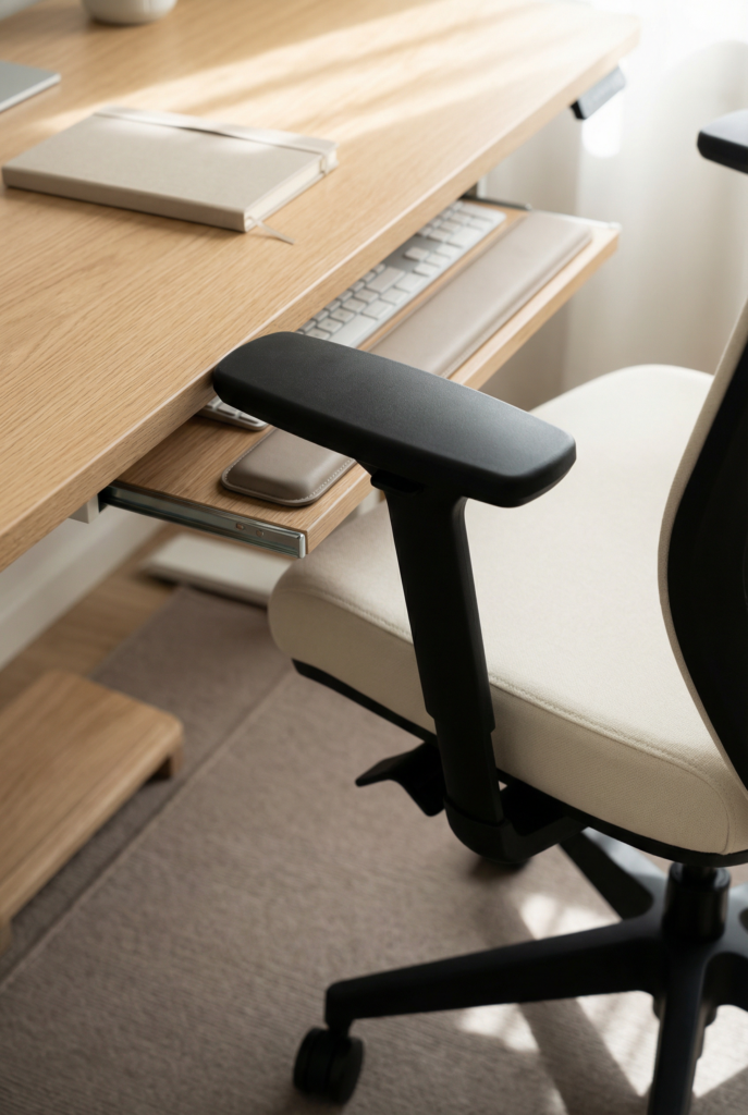 DeskChairHeight_Closeup
Close-up of ergonomic desk and chair height alignment showing a comfortable seating setup and clear leg space.