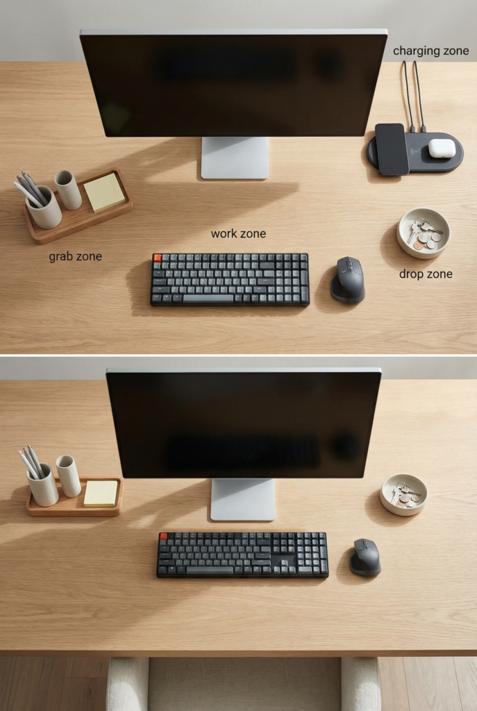 Overhead view of a desk organized into zones for work, essentials, charging, and a drop zone without clutter.