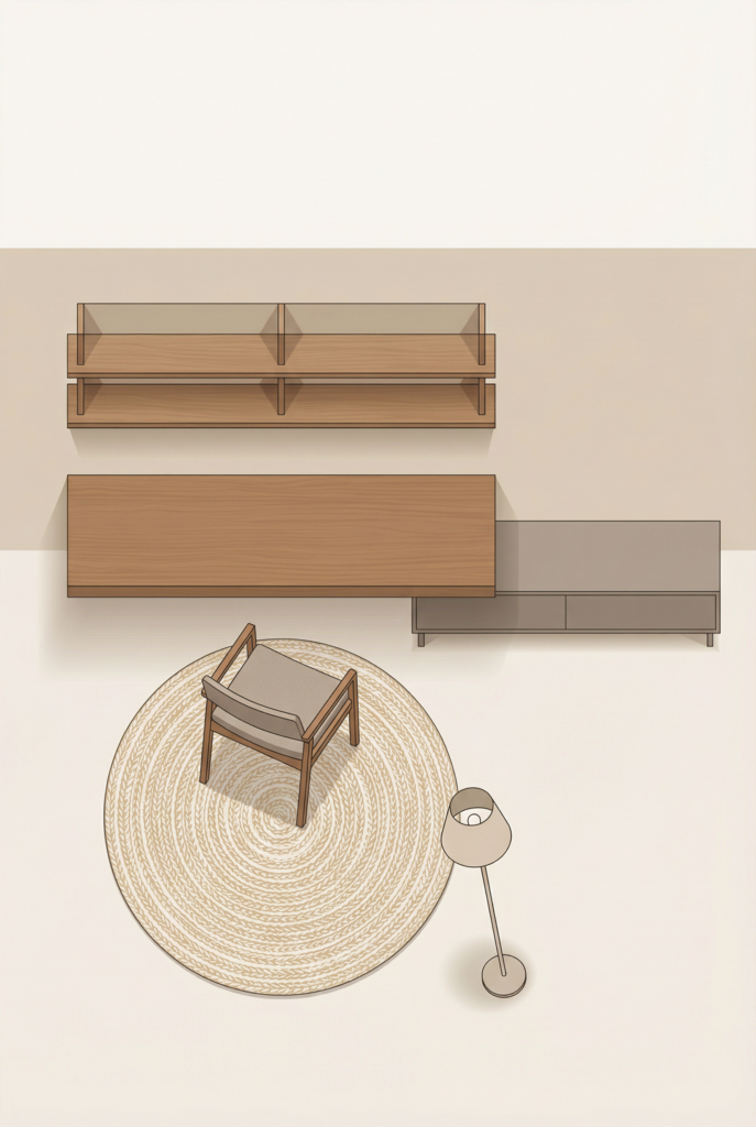 Top-down diagram of a floating desk wall layout with shelves above, a rug, chair, and nearby storage.
