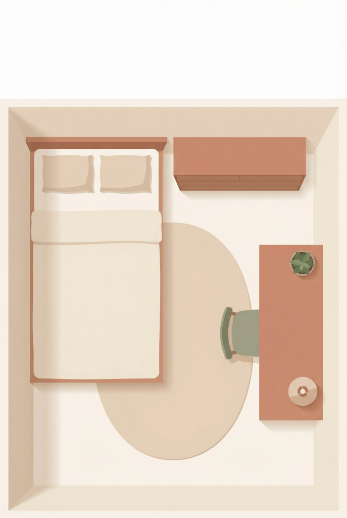 Top-down diagram of a guest room office layout with a bed, desk, chair, lamp, and storage furniture.