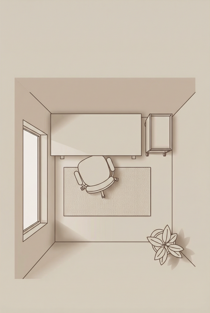 Top-down diagram of a small window nook home office layout with a compact desk, chair, and storage cart.