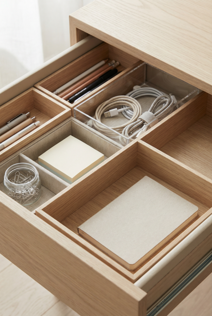 Open desk drawer with organizers for office supplies, cables, and small items arranged neatly.