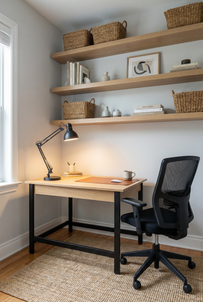 Home office with a desk against the wall, floating shelves above, and organized storage in a neutral palette.