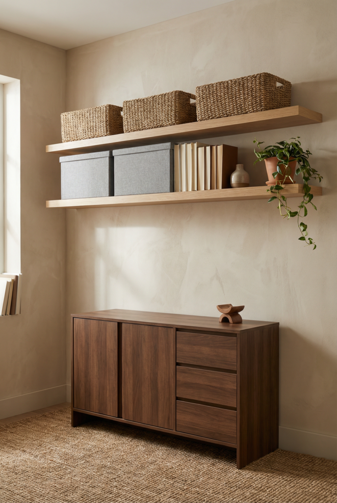Home office storage with a floating shelf and credenza using baskets and closed cabinets to hide supplies