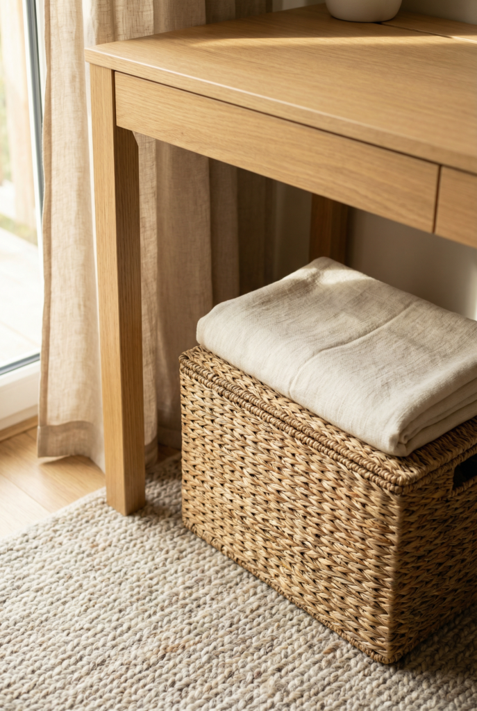 Home office footrest hack using a woven basket or small ottoman under the desk for extra comfort