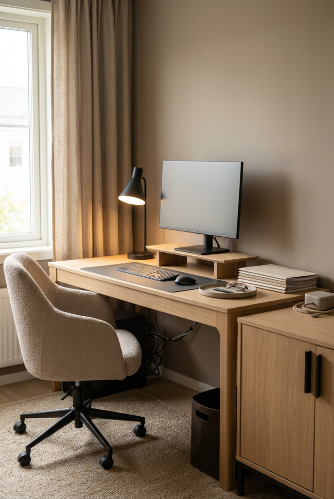 Bright, organized home office with an ergonomic chair, tidy desk zones, hidden storage, and layered lighting for comfort, focus, and an easy reset.