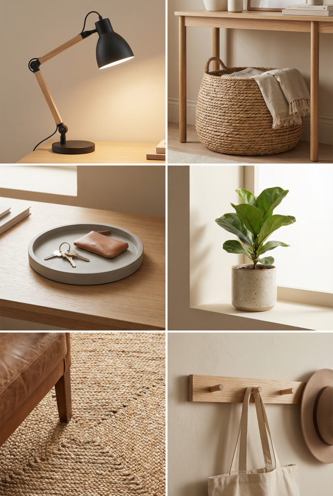 Collage of functional home office decor items like a desk lamp, storage basket, tray, plant, rug, and wall hooks.