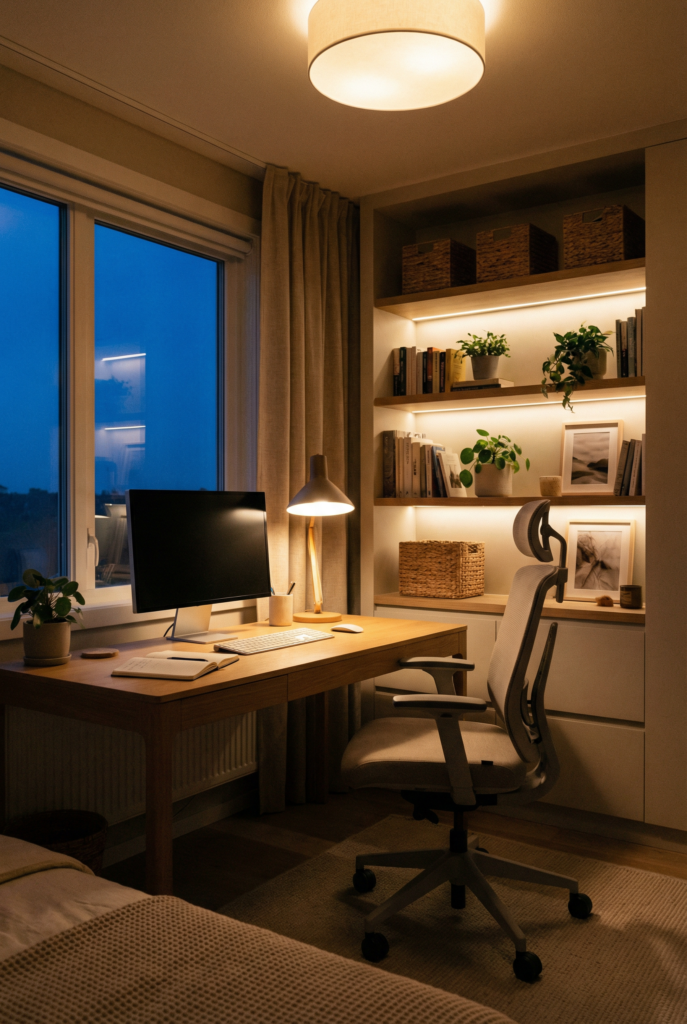 Home office lighting example with ambient, task, and accent lights creating a warm, productive workspace