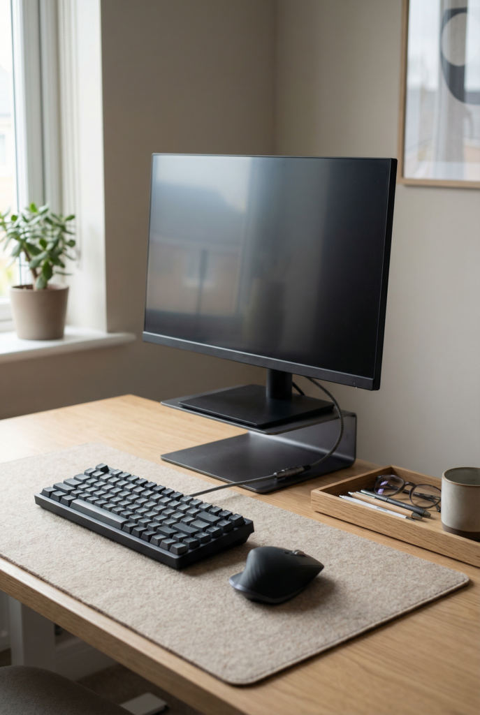 Close-up of an ergonomic monitor setup with a centered keyboard and a clean, clutter-free desktop