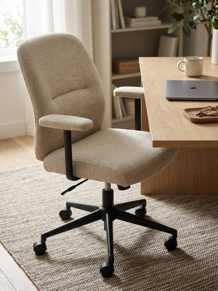 Beige upholstered ergonomic office chair with armrests and caster wheels beside a light wood desk in a bright, neutral home office.